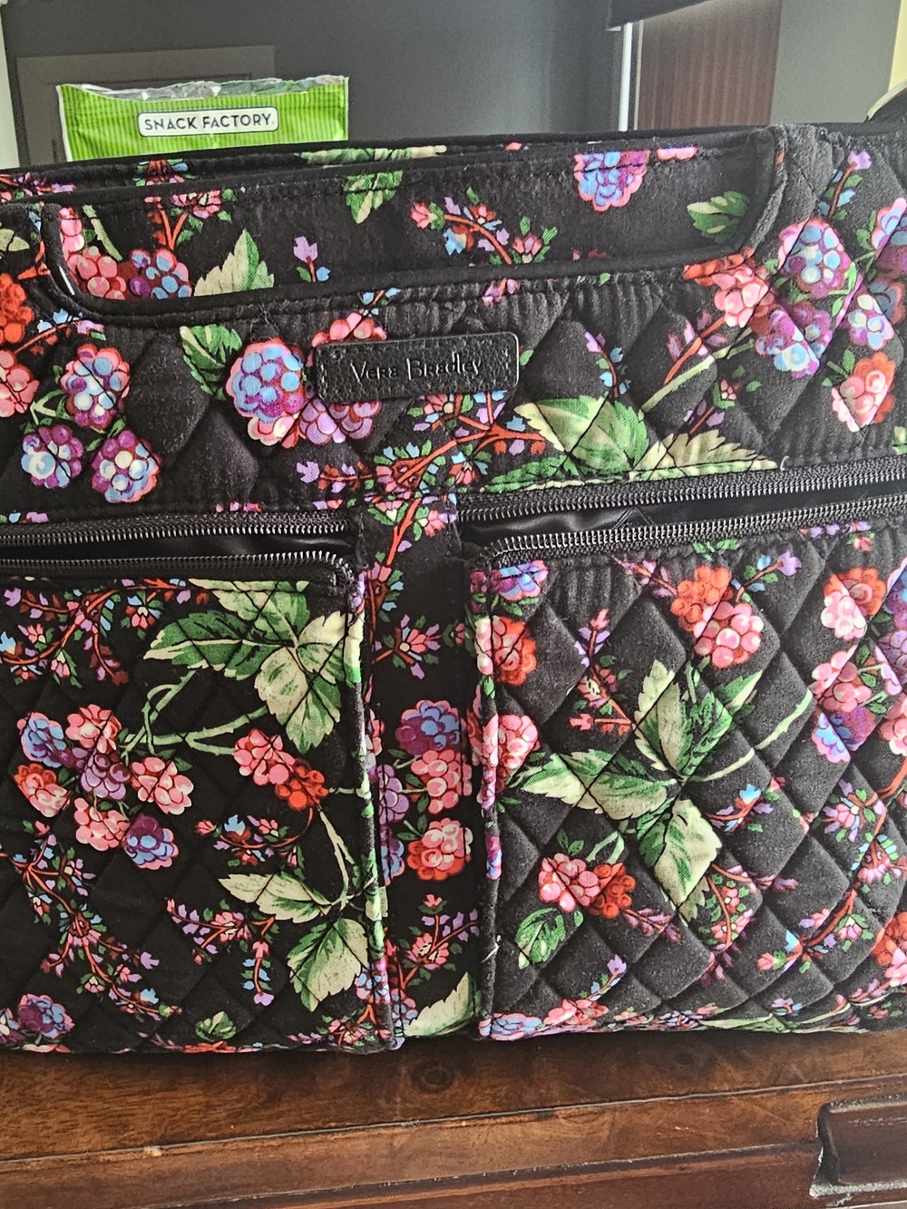 Vera Bradley Black Quilted Floral Tote with Multicolor Blooms